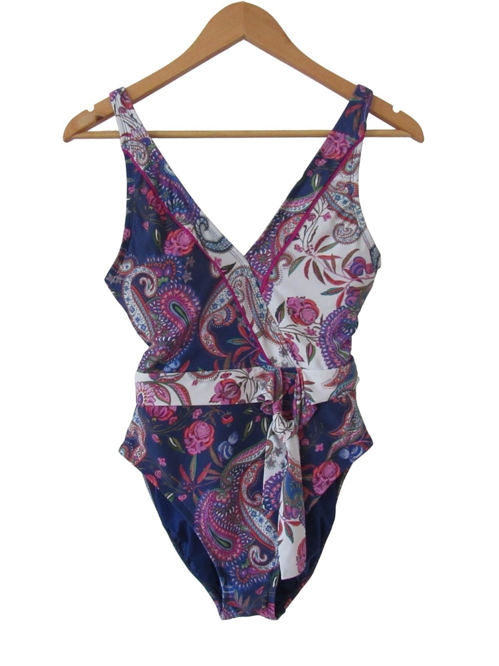 La Blanca Paisley Scarf Gypsy One Piece Swimsuit 6 Plunge Neckline Tie Waist